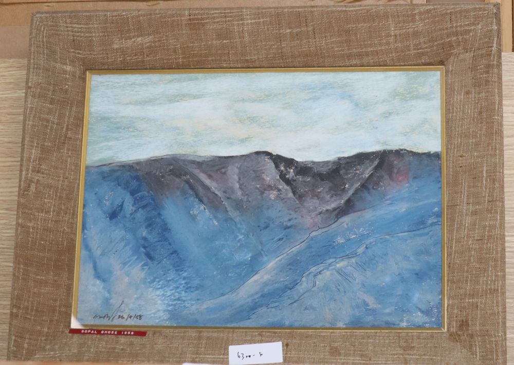 Gopal Ghose (1913-1980), mixed media, Study of a mountain range, signed and dated 1958, 26 x 35cm.
